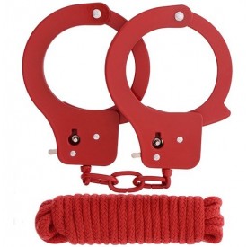 Красные наручники из листового металла в комплекте с веревкой BONDX METAL CUFFS&LOVE ROPE SET